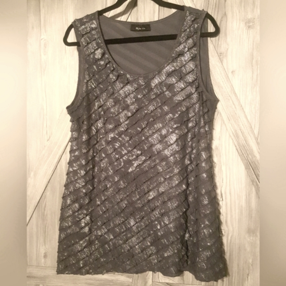 Silver Grey Sleeveless Ruffle Tunic Top L